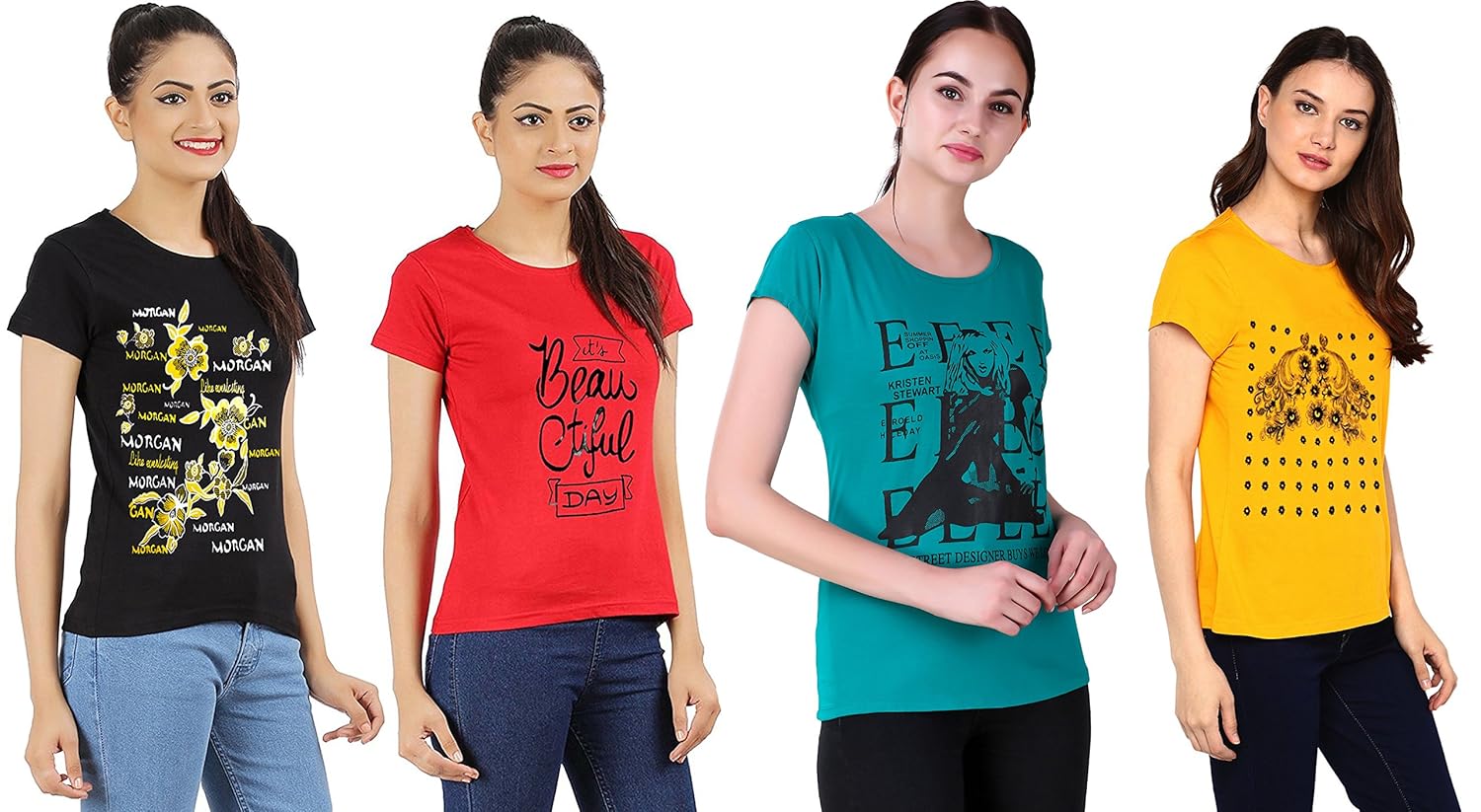 nivik women's round neck summer wear printed cotton t-shirts combo of 4