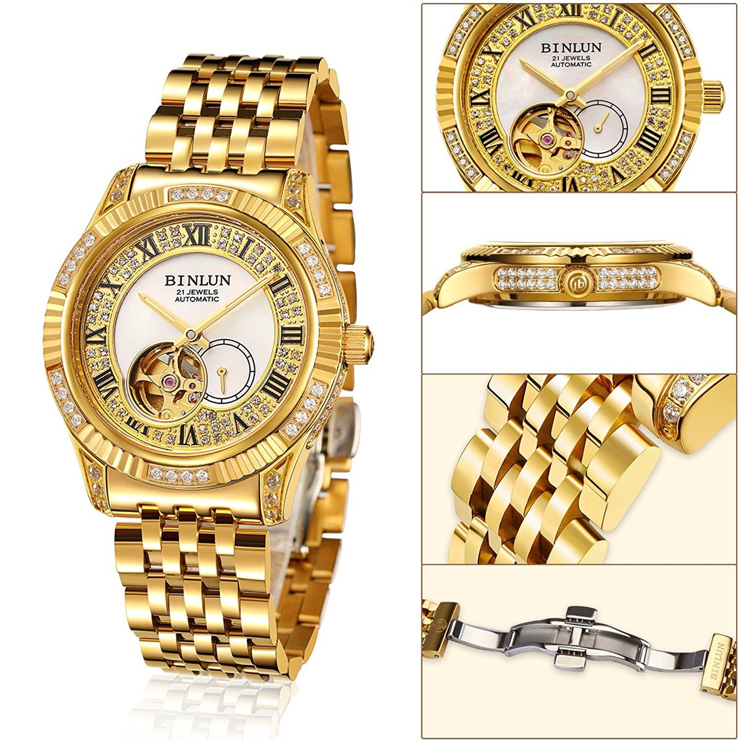 BINLUN Mens Watches Automatic Mechanical Double Sided Skeleton Gold Watch Automatic Mens Watches 18K Gold Plated Luxury Watches, Gold 9, Fashion