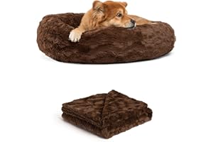 Best Friends by Sheri Bundle Set The Original Calming Lux Donut Cuddler Cat and Dog Bed + Pet Throw Blanket Dark Chocolate Medium 30"