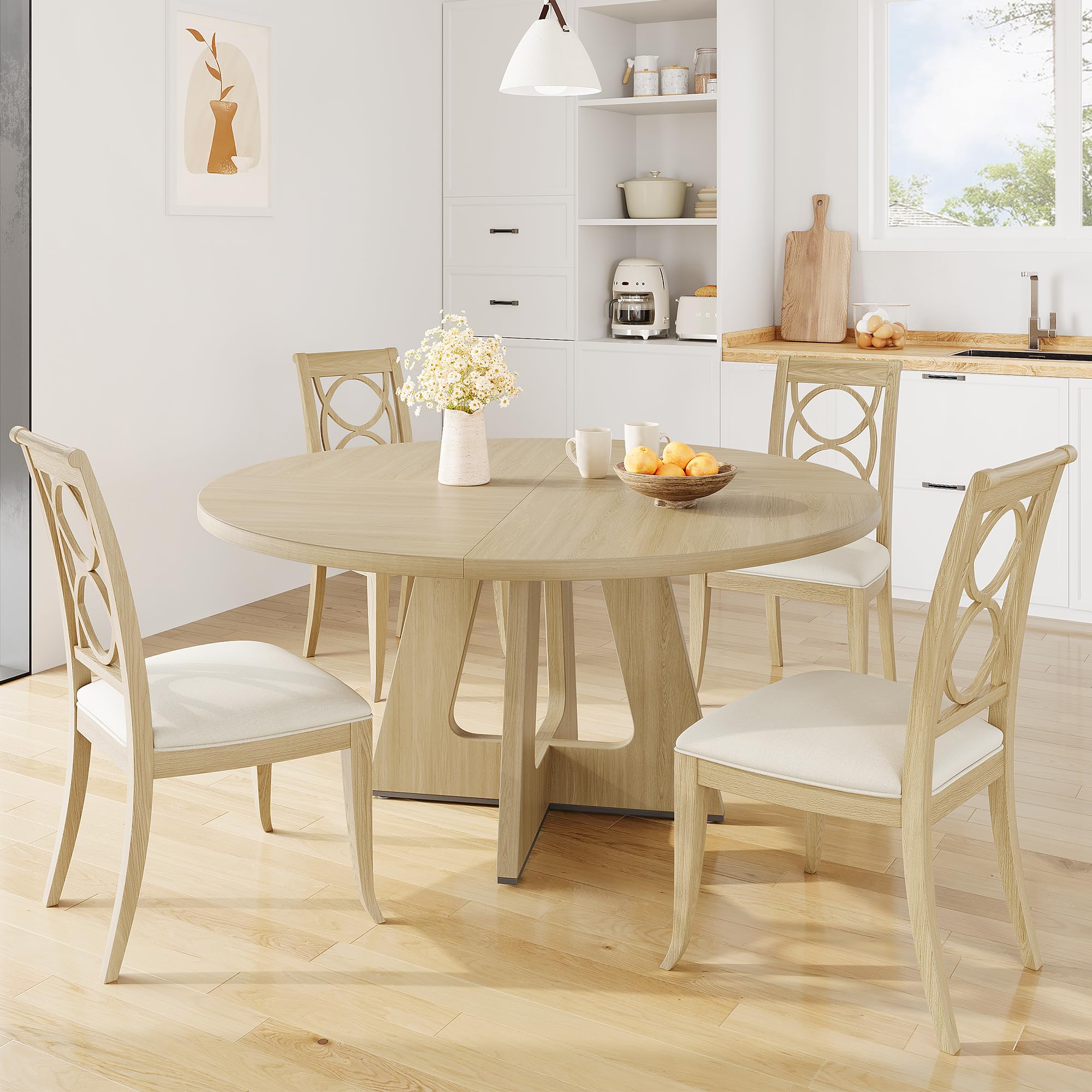 Photo 1 of ****PARTIAL SET, TABLE ONLY**** GarveeHome 47-Inch Round Large Dining Table, Wooden Kitchen Table Set for 4 to 6, Farmhouse Dinner Table with Wooden Top and Legs for Home Dining Room or Living Room - Burlywood(Only Table)