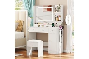 KORFILE Makeup Vanity Desk with Mirror and Lights,Vanity Set with Mirror and Stool and Lights 3 Color,White Vanity Desk with Drawers,Make Up Table with Power Outlet,Dressing Table with Cabinet,Storage Shelves