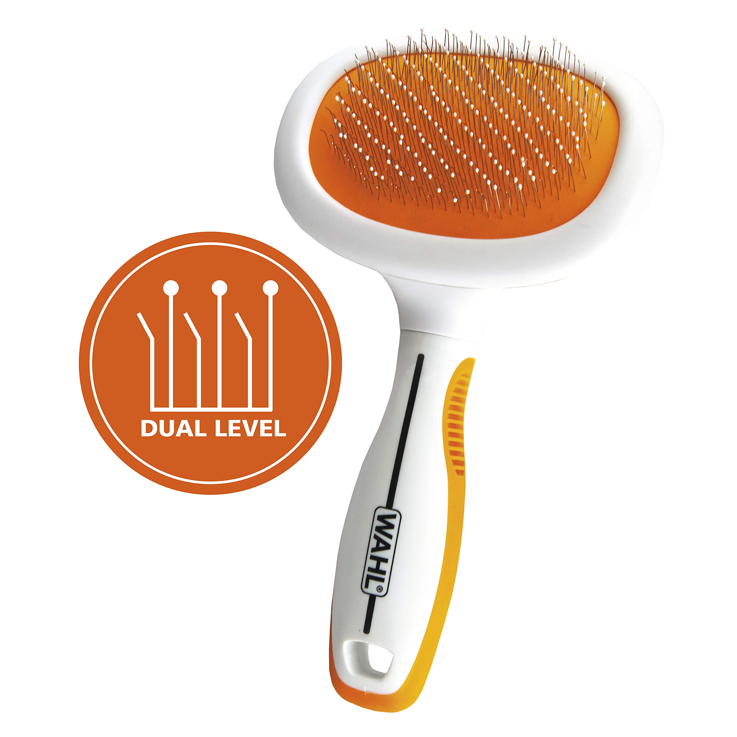 Wahl Premium Patented Dual Level Sensitive Skin Pet Slicker – Ergonomic handle makes Deshedding, Grooming and Brushing Comfortable for you and your Dog or Cat - 858500,Orange/White