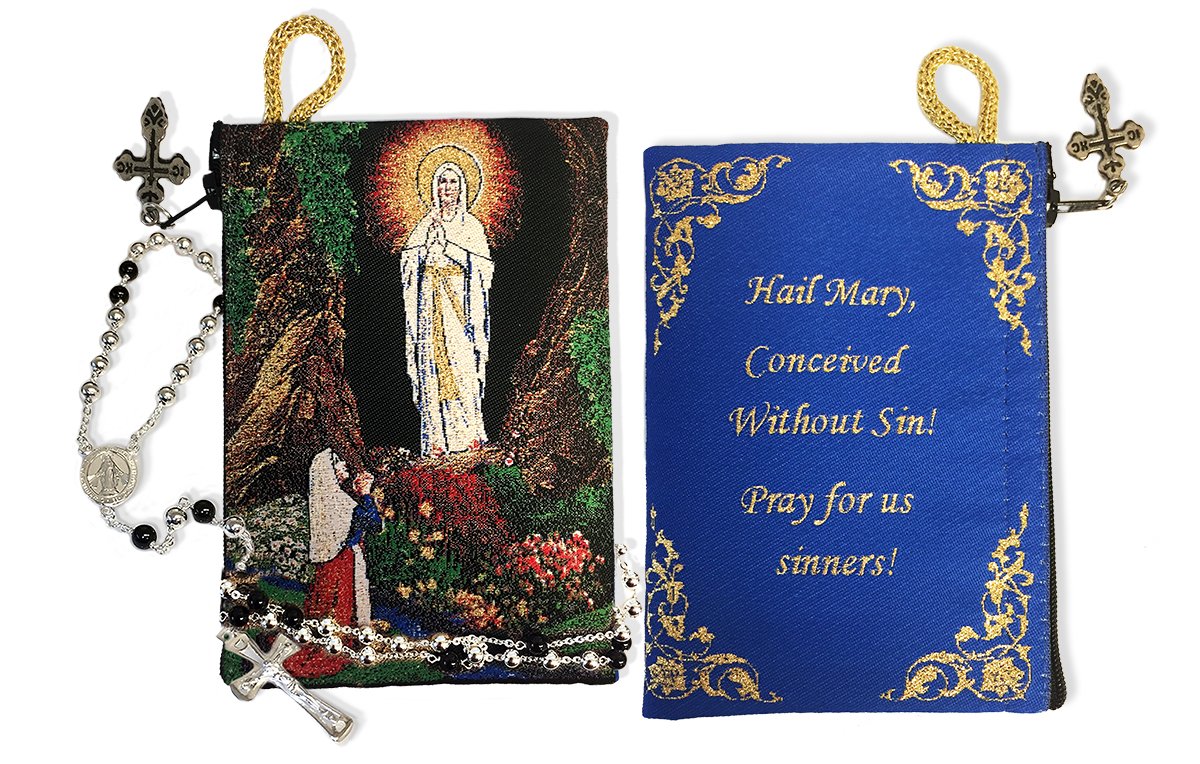 Religious Gifts 2 Sided Our Lady of Lourdes Tapestry Rosary Icon Pouch with Prayer 5 3/8 Inch