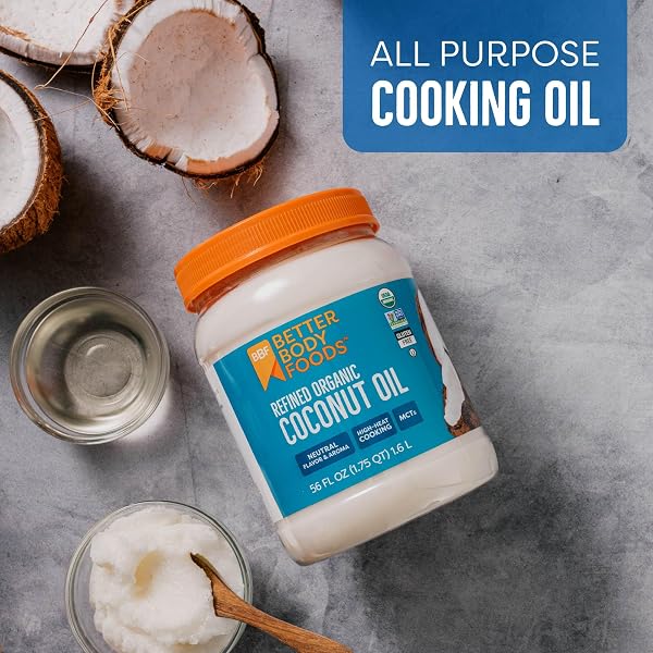 BETTERBODY FOODS ORGANIC REFINED COCONUT OIL, 56 FL OZ, ALL PURPOSE OIL FOR COOKING, BAKING, HAIR AND SKIN CARE