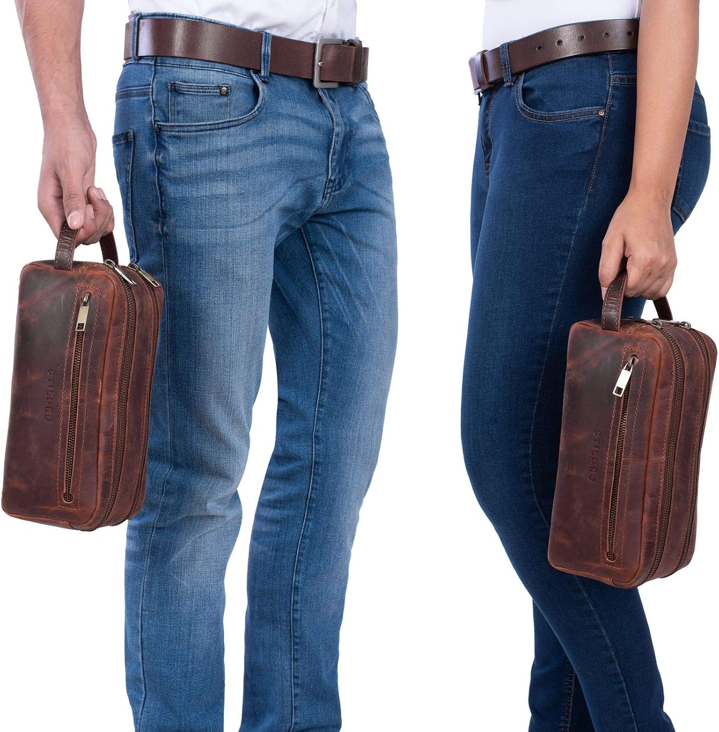 STILORD "Kurt" Large Toiletry Bag Washbag Travelling with Wrist Strap and Zipper Made of Genuine Vintage Leather Colour:Prato - Brown - Image 3