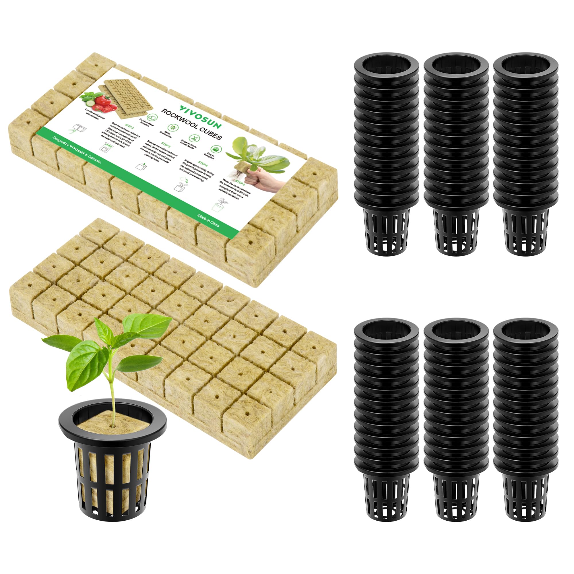 Photo 1 of VIVOSUN 72 Rockwool Cubes & Net Pots Set for Hydroponics, 1.2” x 1.2” x 1.6” Cubes, 72 Plugs & 72 2” Net Cups for Hydroponic Growing, Seed-Starting, Cloning, Tower Gardens