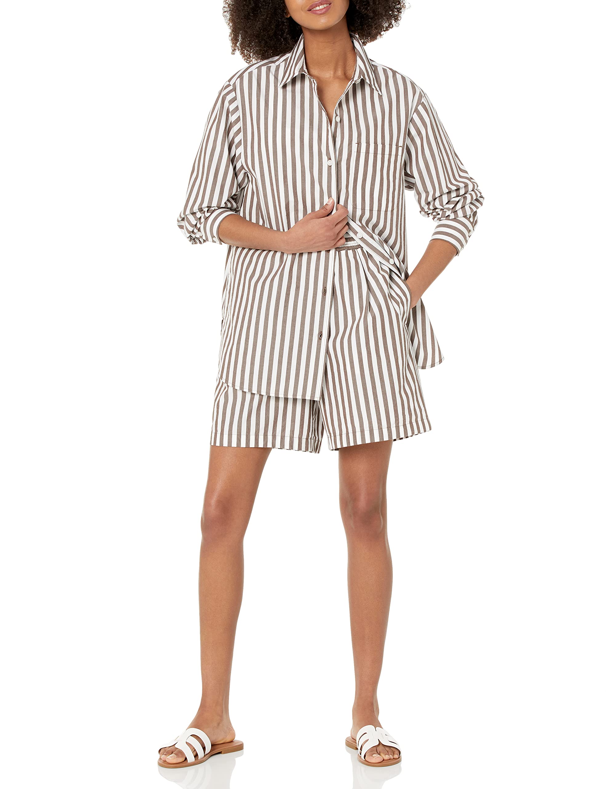 Photo 1 of ** only blouse The Drop Women's Kendra Loose Fit Long Shirt, Coffee Bean Stripe, Plus Size XXL.