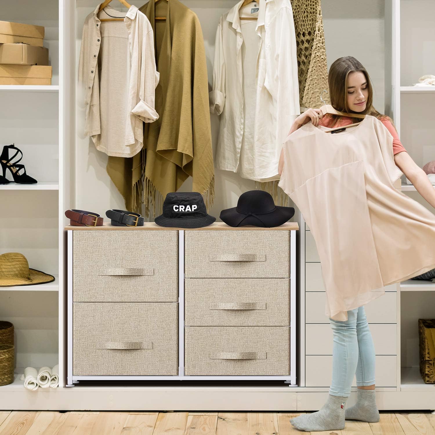 Fabric Dresser with 5 Drawers, Vertical Wide Dresser Storage Tower, Organizer Unit with Wood Top and Easy Pull Handle for Closets, Living Room, Nursery Room, Hallway by Pipishell: Home Improvement