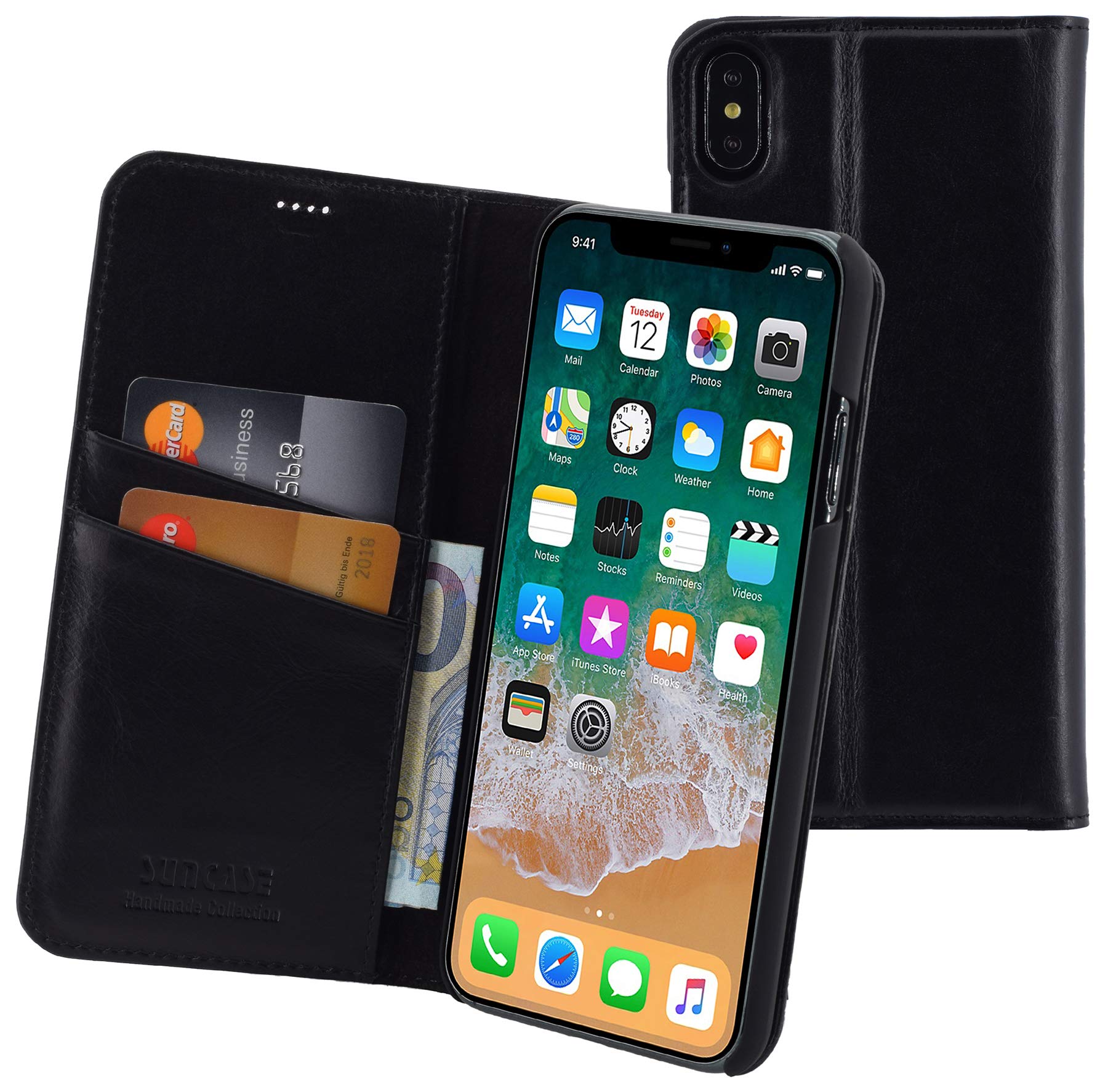 Suncase Handmade Book-Style (Slim Fit) Genuine Leather Protective Wallet Case Compatible with iPhone XS Max (6.5 Inches)
