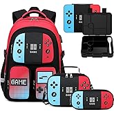 Jafeton School Backpack for Boys, 4 PCS Gamer Boy Backpack Set with Bento Box, Lunch Box & Pencil Pouch, Waterproof Schoolbag for Boys Kids Teens, Elementary Middle School, Kid Bookbag Casual Daypack