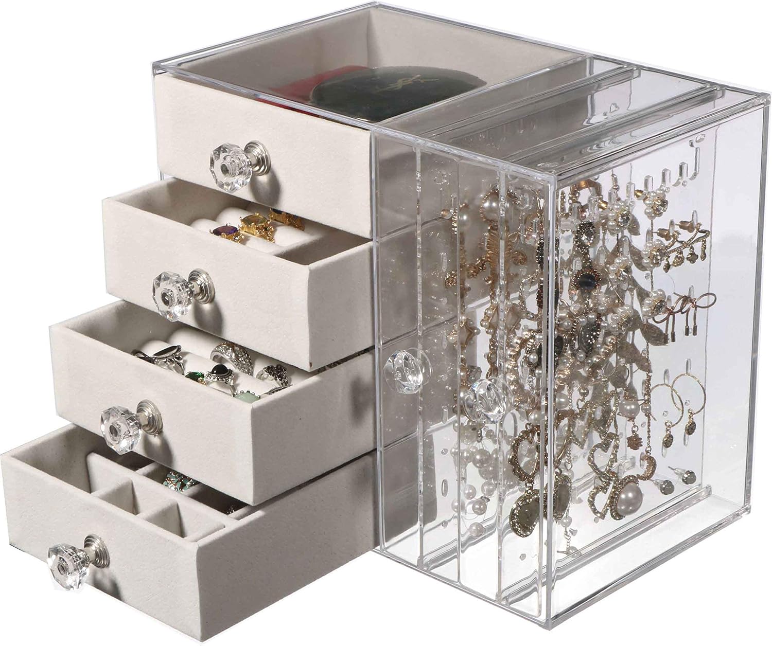 Cq acrylic Jewelry Box for Women with 4 Drawers, Hanging Velvet Jewelry Organizer for Earring Bangle Bracelet Necklace and Rings Storage Clear Acrylic Jewelry case,White: Home Improvement