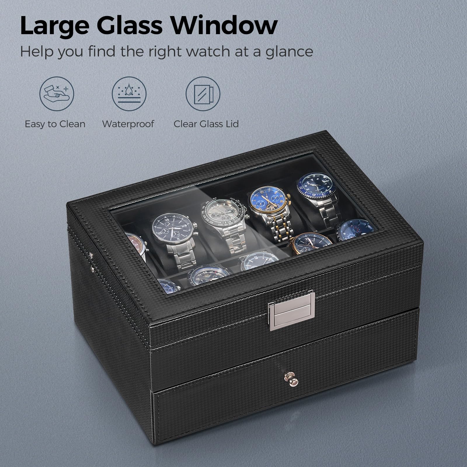 BEWISHOME Watch Case, 20-Slot Watch Box Organizer for Men Watch Case with Large Glass Lid Watch Travel Case Removable Watch Pillows, Mens Jewelry Box Watch Display Case, Watch Storage, Black SSH04C