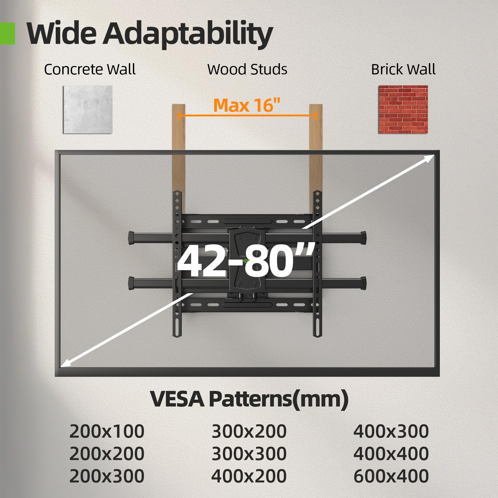 USX MOUNT Full Motion TV Wall Mount for 42-80 Inch TVs up to 120lbs, TV Bracket with Articulating Swivel Tilt Extension Leveling, Television Mount for Max VESA 600x400mm Fits 12/16