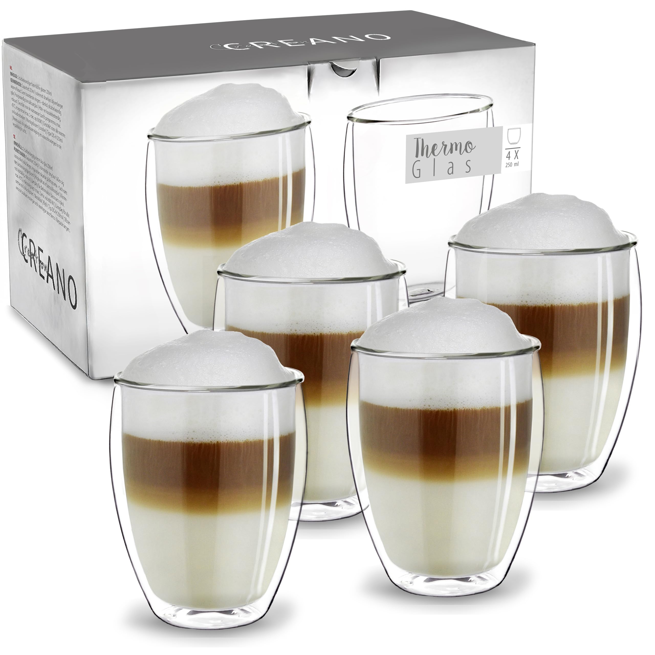 Creano Double Walled Coffee Glasses 250ml - Insulated Cappuccino Cups - Latte Macchiato, Tea - Handmade Heat Resistant Mugs - 4 pcs (Pack of 1)