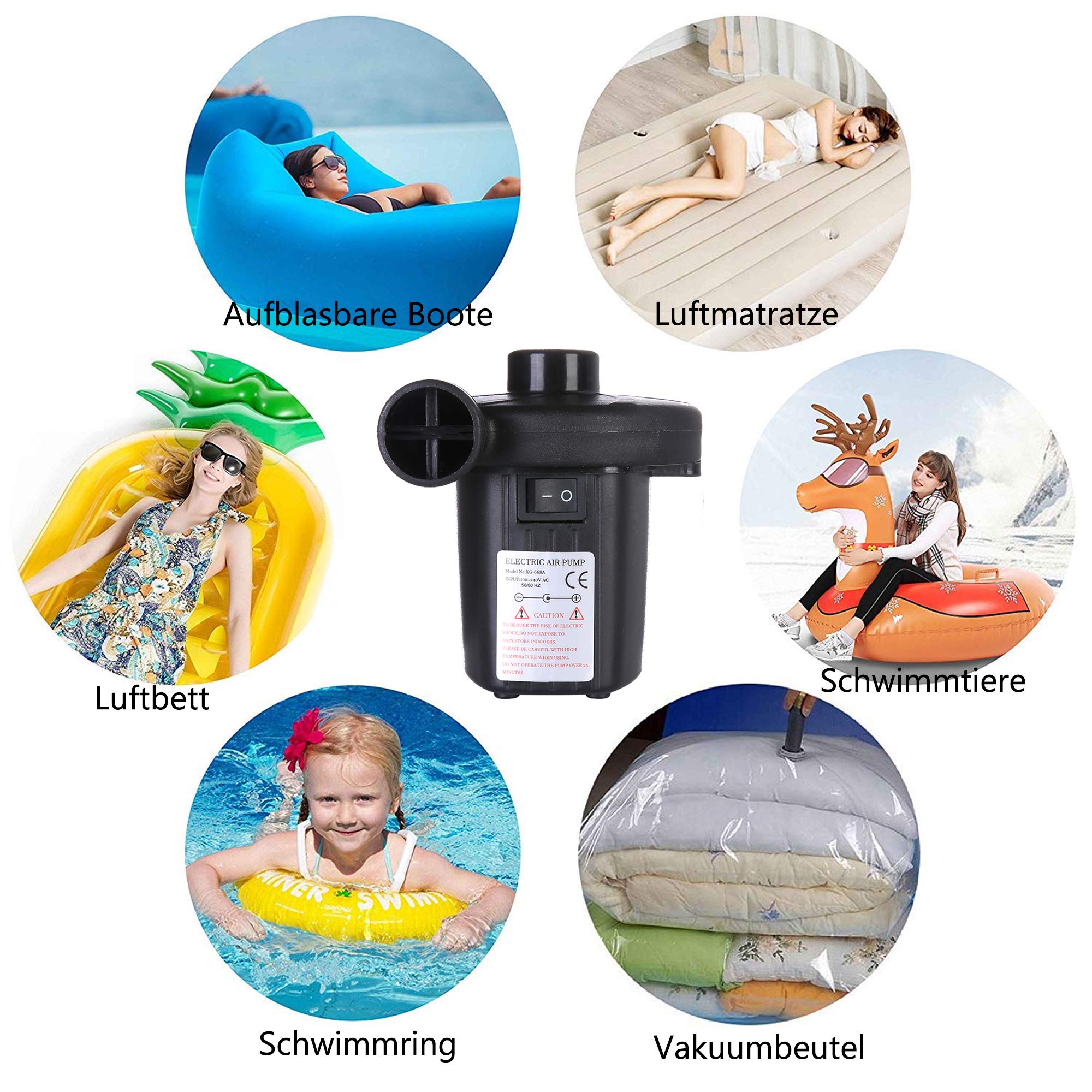 Elektrische Luftpumpe, Luftmatratze Pumpe 2 in 1 schnelles Auf/Abpumpen AC 100-240V/DC 12V, Elektropumpe mit 3 Aufsätzen für aufblasbares Matratze, Planschbecken, Zelt, Schlauchboote, Schwimmring