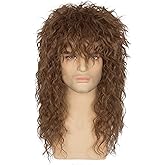 Miss U Hair Long Curly Brown 80s Rocker Wig for Men Women Hair Band Heavy Metal Costume Wig