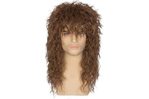 M MISS U HAIR Miss U Hair Long Curly Brown 80s Rocker Wig for Men Women Hair Band Heavy Metal Costume Wig