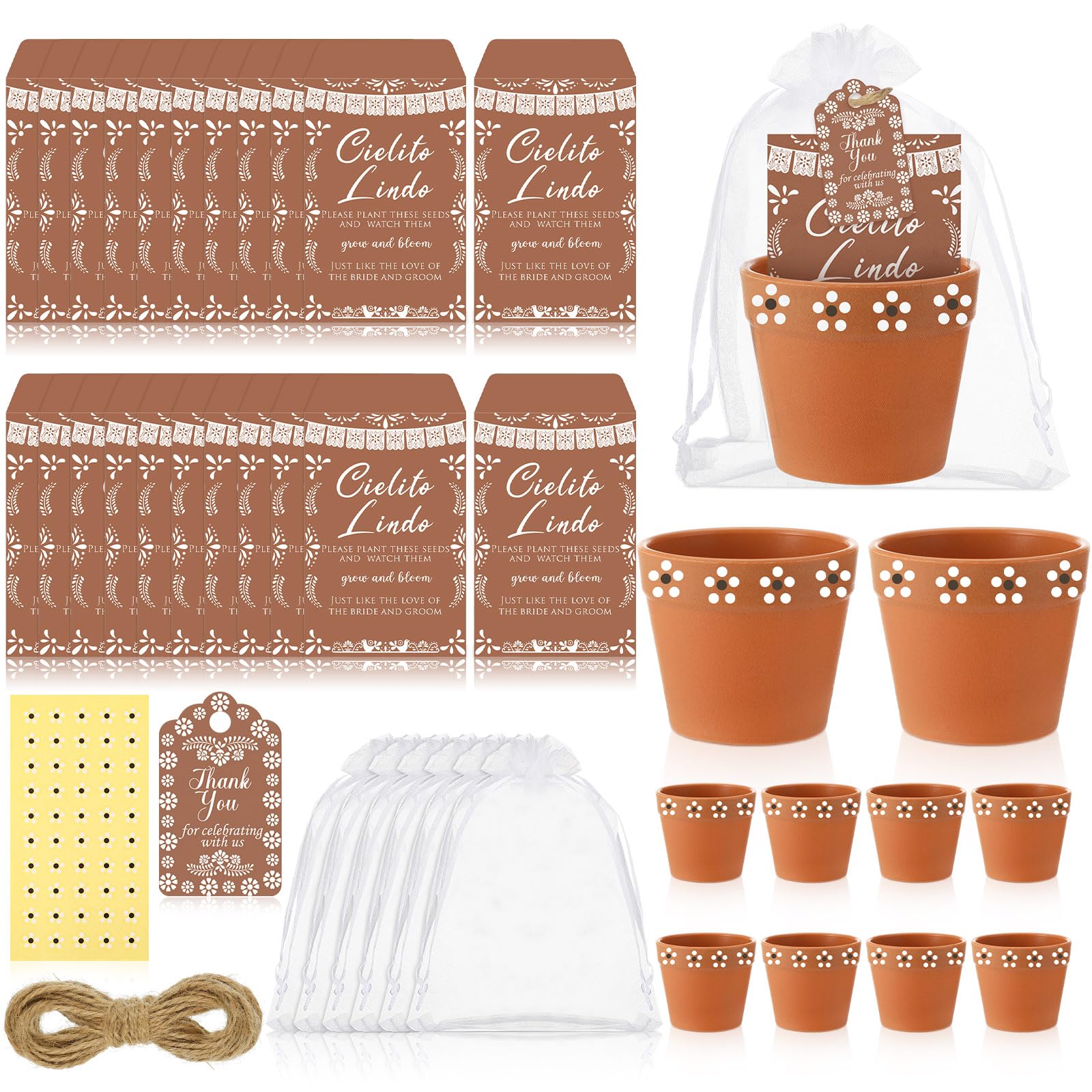 Photo 1 of Ctosree 50 Sets Cielito Lindo Wedding Bridal Shower Favors for Guests Include Seed Packets Flowerpot Cards Hemp Ropes Organza Bags Mexican Barro Party Supplies for Wedding Bridal Shower Party Favors