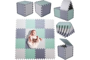 Coolcandy Foam Play Mat(16 Pcs/Set), Multi-Colored Play Mat for Baby, EVA Non-Toxic Interlocking Foam Puzzle Floor Mats, 0.4" Thick Square Kids Playmat for 47 * 47" Playpen(White/Gray/Bean Green)