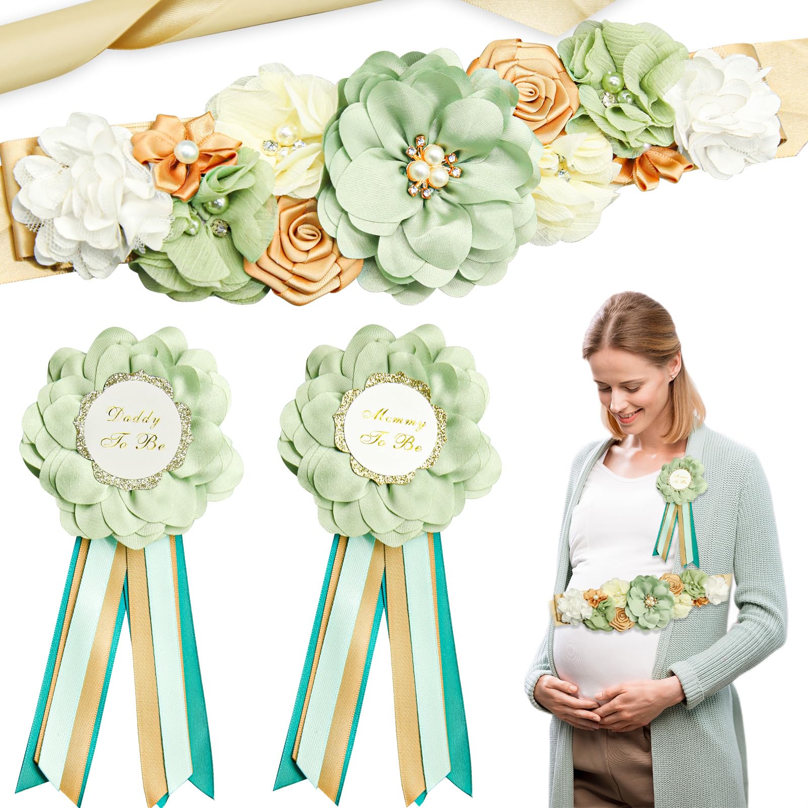 3Pcs Maternity Sash Mother to Be & Daddy to Be Corsage Pin Set, Green Flower Baby Shower Sash Belly Belt Decoration, Pregnancy Sash Expectant Parents Gender Reveal Party Photography Props Supplies