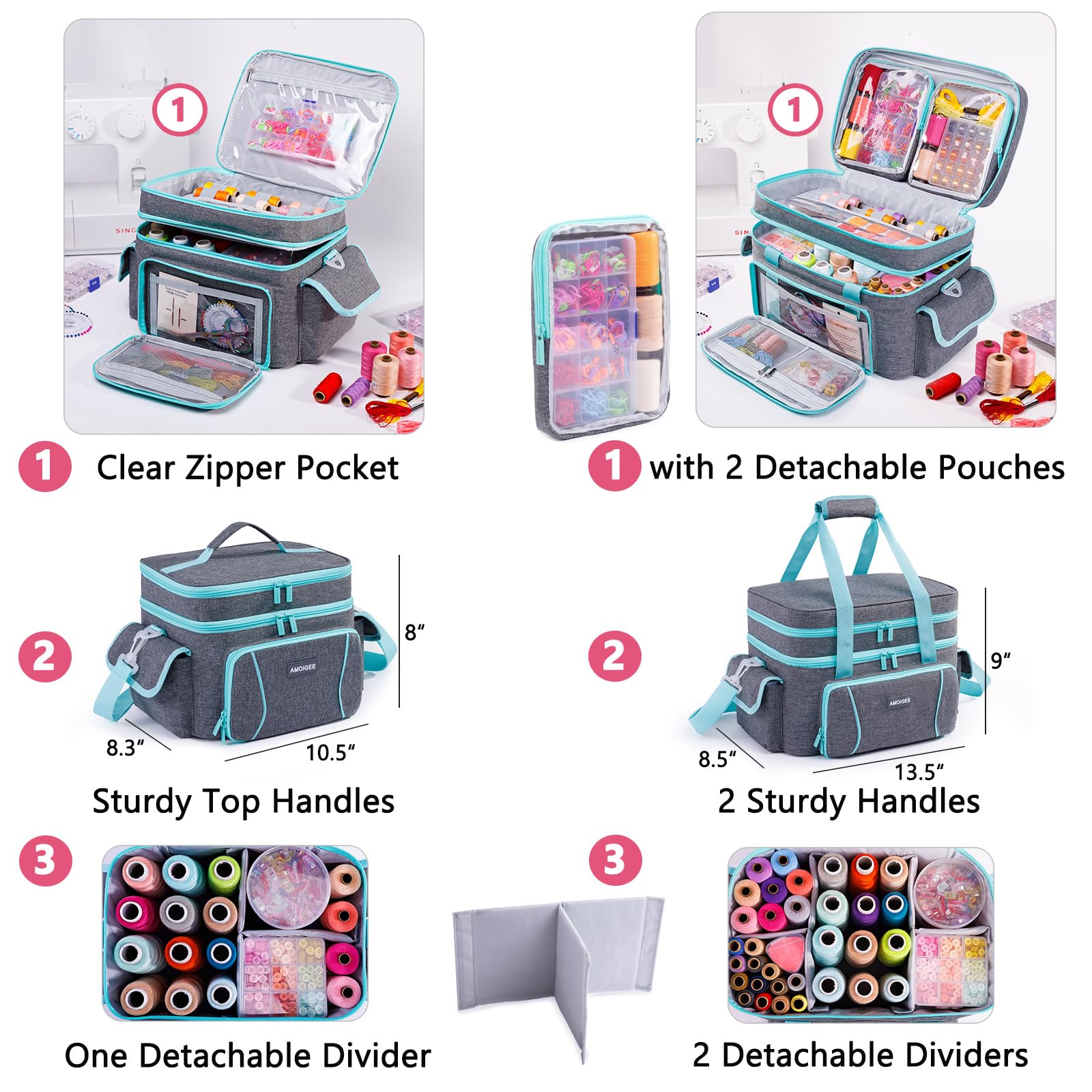 AMOIGEE Double-Layer Sewing Storage Bag with 2 Detachable Pouches – Large Sewing Organizer with Shoulder Strap, Elastic Loops & Dividers for Sewing Supplies, Tools & Accessories