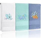 Hahafelt 3 Pack Coastal Hand Towels for Bathroom 100% Cotton Embroidered Beach Bathroom Towels 13.78 x 29.53 Inch Soft Absorbent (White Green Blue, Seashell)
