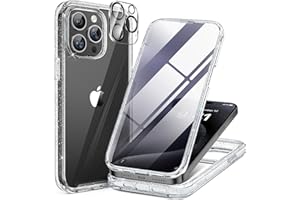 Miracase for iPhone 15 Pro Case Full-Body Built-in Glass Screen Protector& Camera Protector, Military Drop Proof 15 Pro Phone Cover 6.1 inch, Clear Glitter
