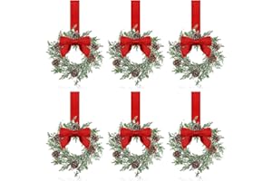 6-Pack Christmas Mini Window Wreaths, Mini Xmas Wreath for Cabinets, Festival Decor with Ribbon Bows Red Berry Frosted Cedar 