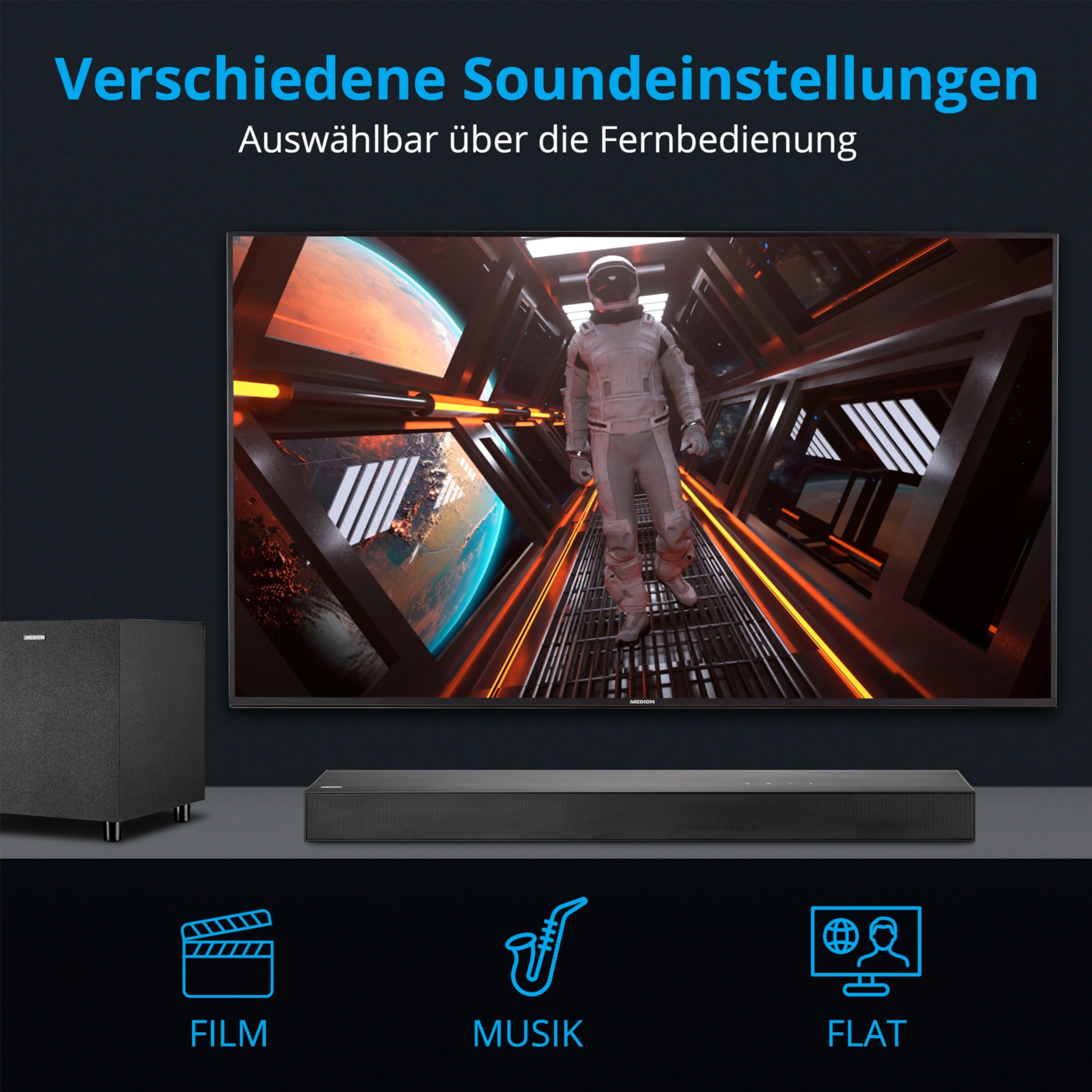 MEDION S61022 3.1 Dolby Atmos Soundbar mit kabellosen Subwoofer (für TV Geräte, Bluetooth 5.3, HDMI eARC CEC, optischer Eingang, AUX, 3 x 20 W + 60 W (RMS) Subwoofer kabellos, Fernbedienung 6