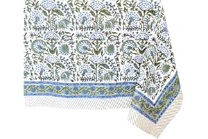 ATOSII Clover Blue 100% Cotton Rectangle Fall Tablecloth, Handblock Floral Linen Table Cloth for Kitchen Dining Table I Parties Wedding Christmas Thanksgiving I Fall Home Decor 60 X 108 Inches