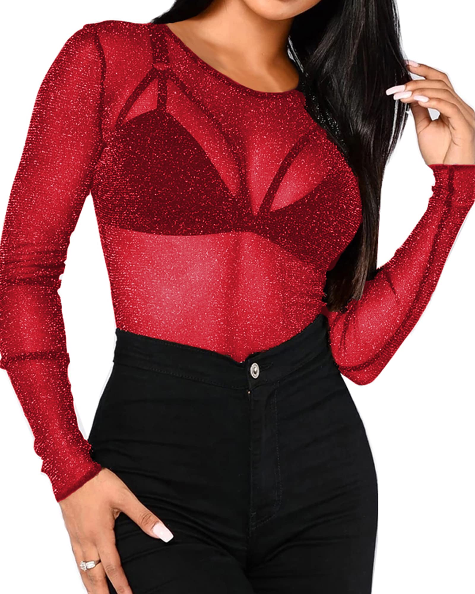 Photo 1 of BelleLovin Women's Long Sleeve Glitter Mesh Tee Tops Sexy Night Out Blouse (Red-Round Neck, X-Large)