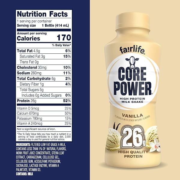 CORE POWER PROTEIN SHAKE, VANILLA, 26G BOTTLE, 14OZ, 12 PACK