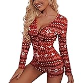 KMBANGI Womens Christmas Romper Pajamas One Piece Printed Bodycon Jumpsuit Shorts Sexy One Piece Pjs Overall