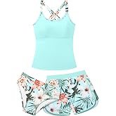 WIQI Girls Swimsuit 3 Piece Bathing Suits for Girls Tankini Sets with Print Shorts Crossback Teen Girl Swimwear 9-16Y