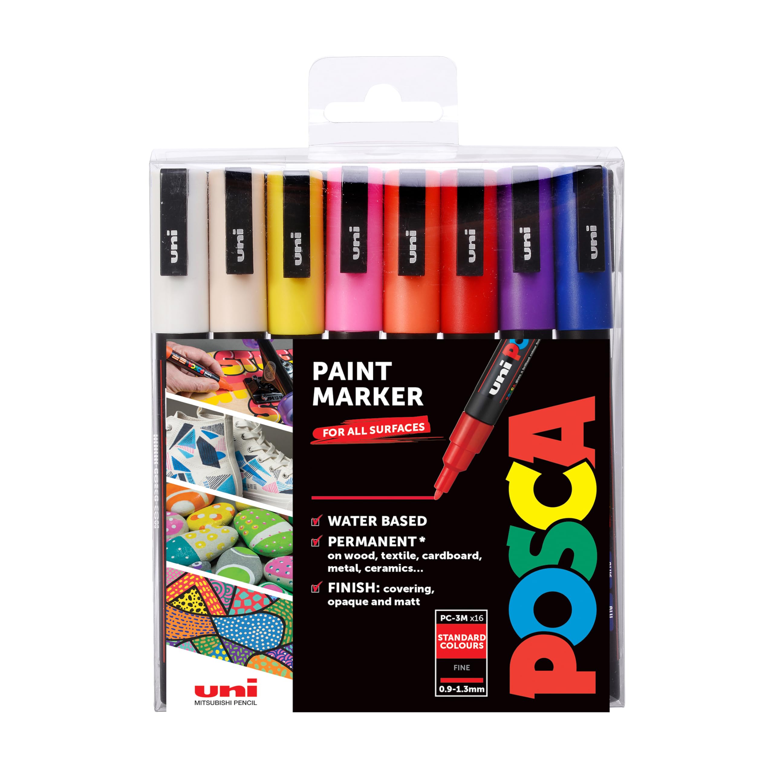 Posca Pens PC-3M Fine Acrylic Coloured Permanent Paint Markers for Adults. Perfect for Colouring, Fabric, Graffiti, Watercolour, Outline Drawing, Window and Glass Art. 16 Pack