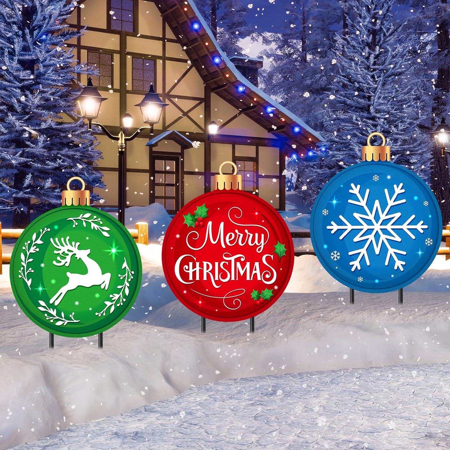 Yard Signs - Drydiet 3 Pack Metal Christmas Yard Signs Decor Christmas Yard Stakes Outdoor Metal Xmas Yard Signs with Stakes for Christmas Holiday Outdoor Garden Lawn Pathway Decoration (Christmas Balls)