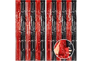 CANREVEL 2 Pack 3.3x8.2 Feet Black and Red Foil Fringe Backdrop Curtains, Tinsel Streamers Birthday Party Decorations, Fringe Backdrop for Graduation, Sneaker Ball, Casino Theme Party