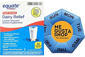 ME GUSTA SHOP Equate Fast Acting Dairy Relief Lactase Enzyme Dietary Supplement Vanilla Flavor chewables Tablets 32 Count Includes Pill Organizer