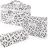 Hatende 3Pcs Cotton Quilted Makeup Bag Set,Large Floral Cosmetic Bag,Aesthetic Toiletry Travel Makeup Bag Set and Cute Flower Bag for Women Girls(White Leopard Print)