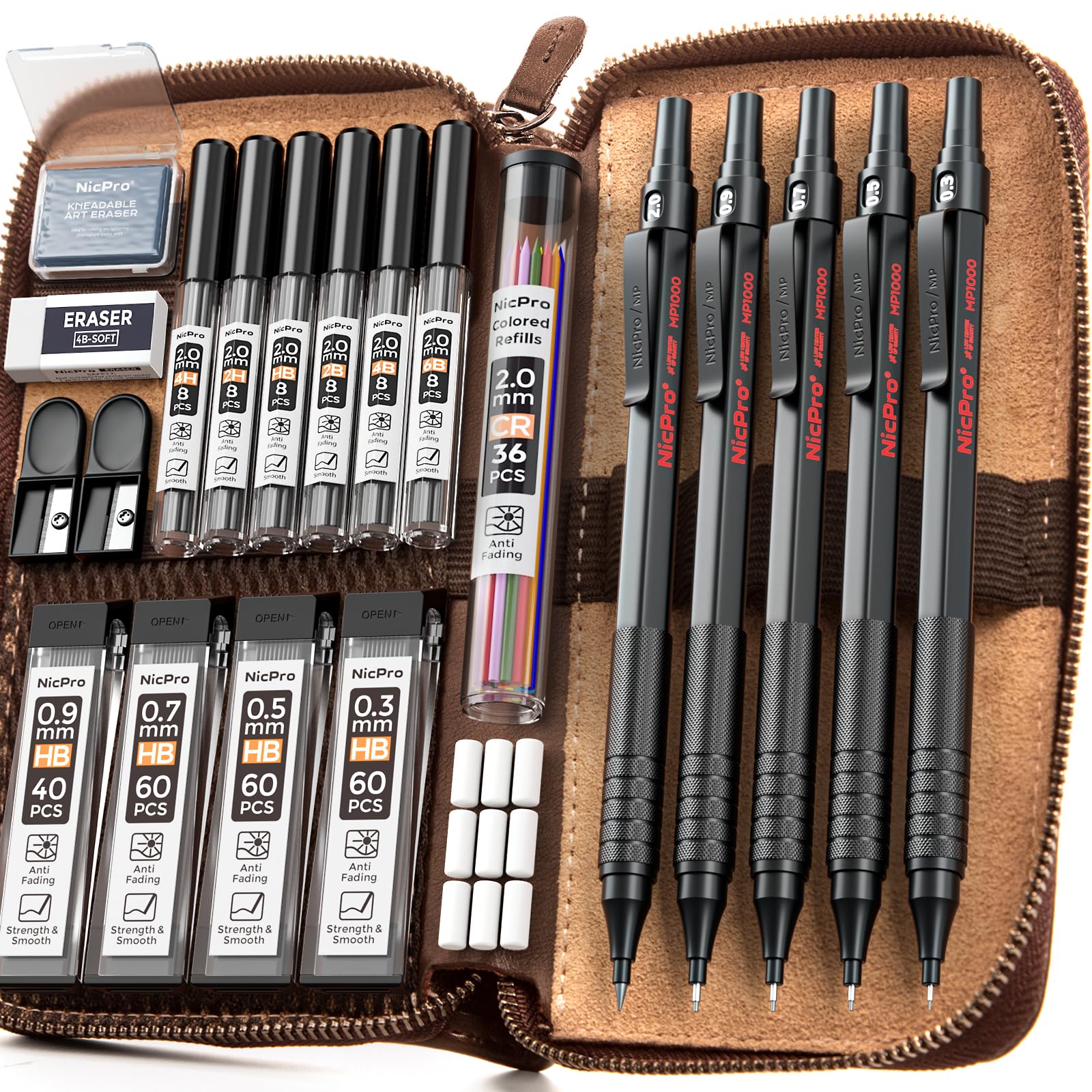 Photo 1 of Nicpro 20PCS Black Metal Mechanical Pencil Set in Leather Case, Drafting Pencil 0.3, 0.5, 0.7, 0.9 mm & 2mm Lead Holders, 9 Tube (4B 2B HB 2H Colors) Lead Refills, Erasers For Art Sketching Drawing