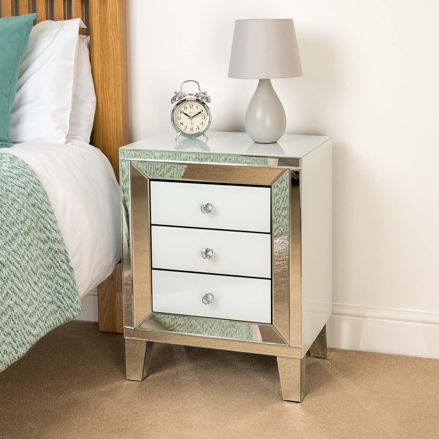 Christow Mirrored Glass White Bedside Table 3 Drawer Bedroom