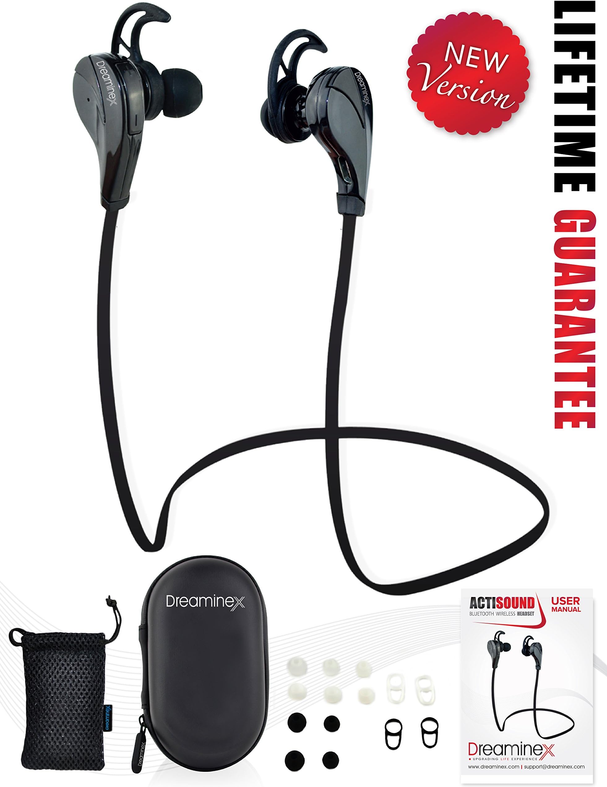 Dreaminex Bluetooth Earphones for Running - Sweat Proof Workout Mini Sport Wireless Earbuds Beats Stereo Sound, Noise Isolating Technology. Bonus EVA Case & Pouch