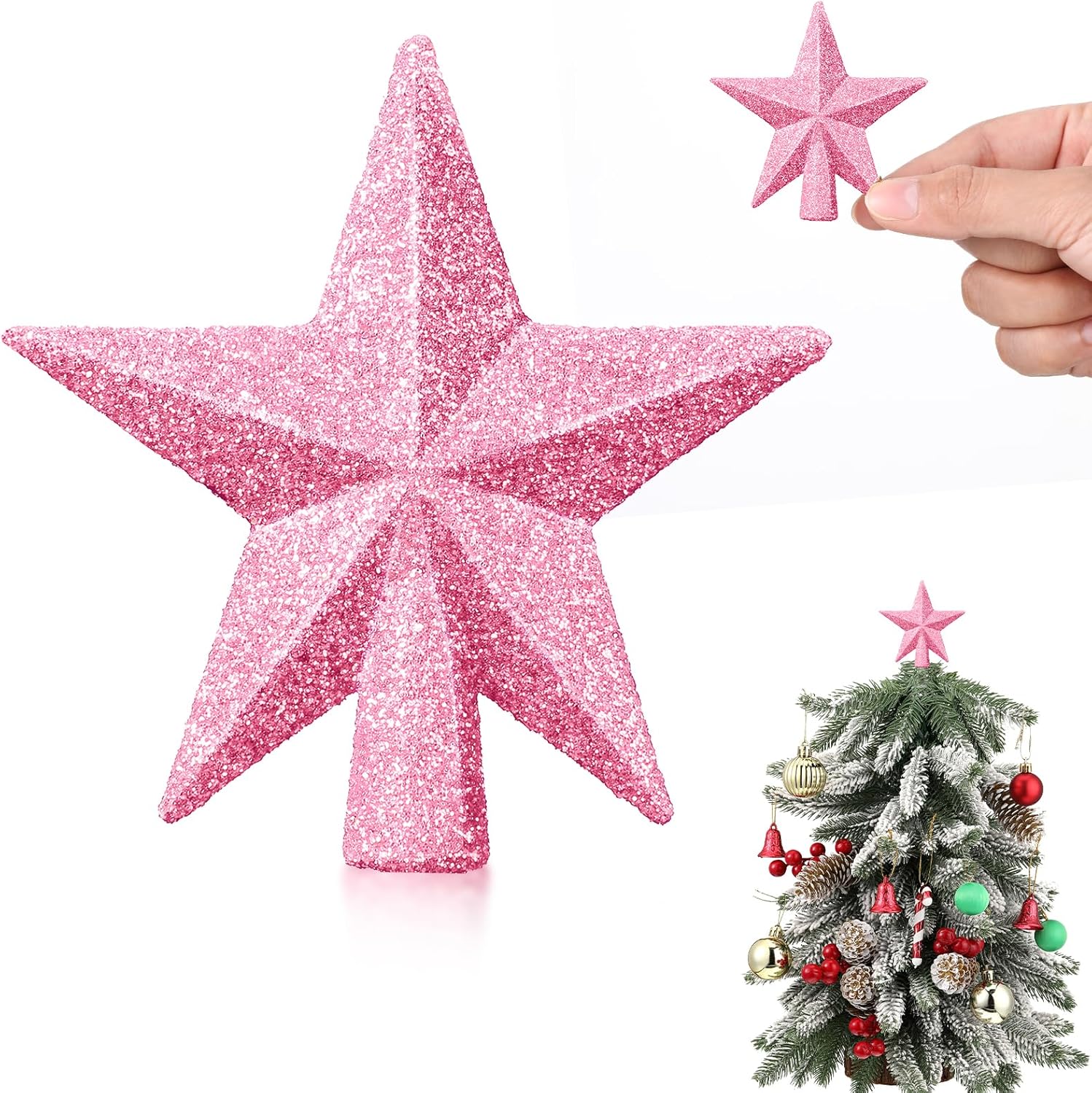 Tree Toppers - Hanaive Mini Christmas Tree Topper Small Christmas Star Mini Christmas Tree Star Topper for Xmas Party Holiday Home Decor (Glitter Pink,2.36 Inch)