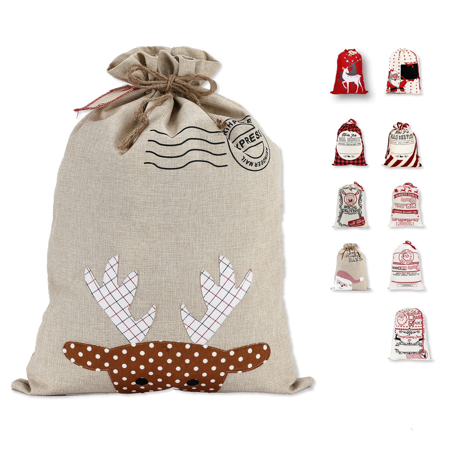 LessMo Christmas Santa Sack, Large Canvas Bag with Drawstring, [Place to Write Wishes] Reusable Event Party Supplies Cotton Bag Party Favors for Large Xmas Package Storage