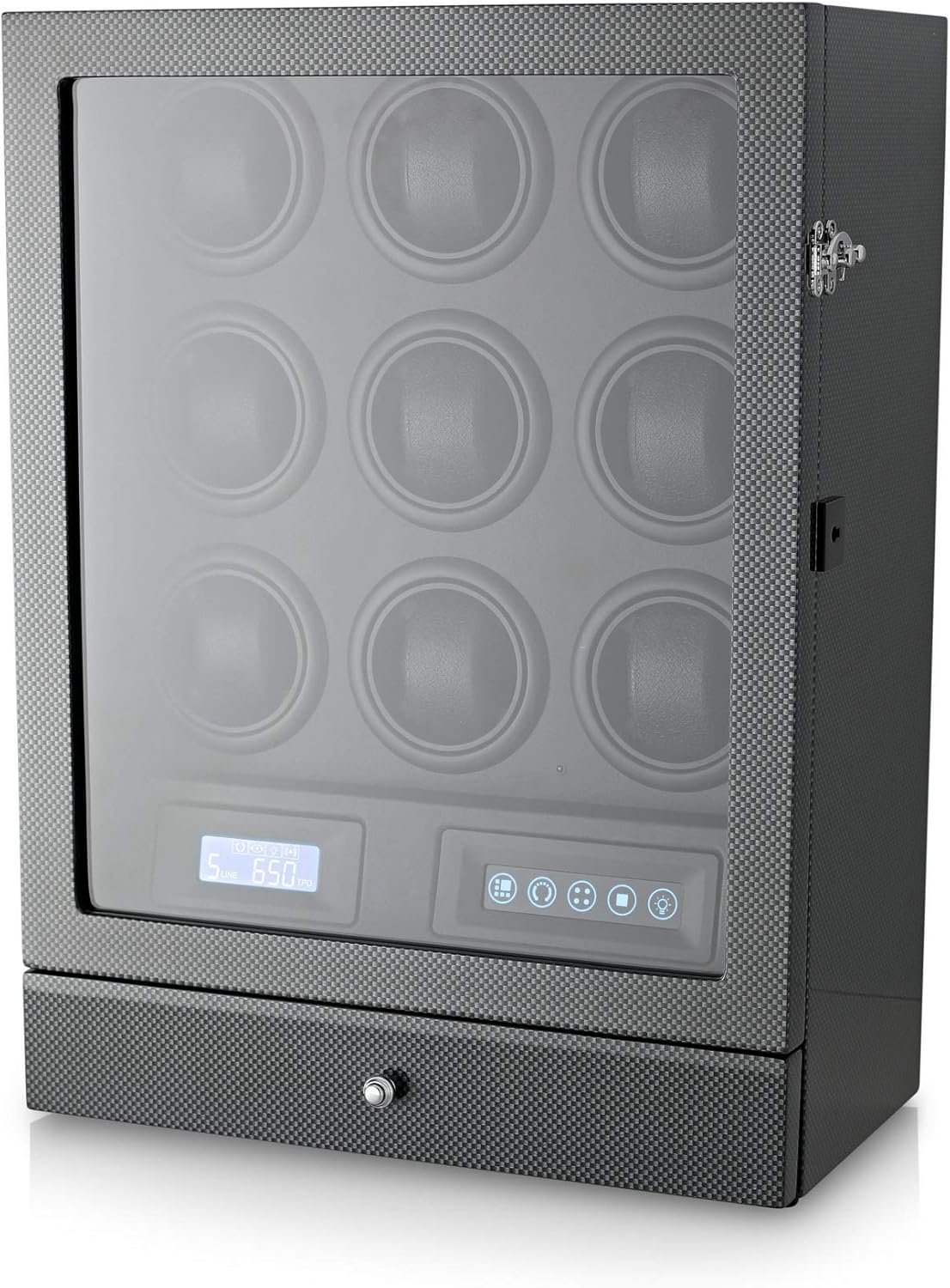 9 Watch Winder with LED Backlight, Remote Control, LCD Display and 2 Watches Storage Compartment (Carbon + Black): Watches