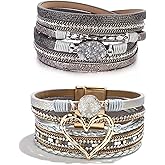 Long tiantian Leather Bracelets for Women Warp Bracelet Stackable Boho Layered Bracelet Chunky Heart Trendy Birthday Gifts for Her