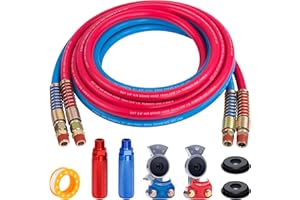 15FT Air Brake Line Hose Kit, Dazakoot Air Brake Line Assembly with Aluminum Extension Handles and Emergency Glad Hands, Color-code Rubber Air Brake Hose for Semi Truck Trailer Tractor