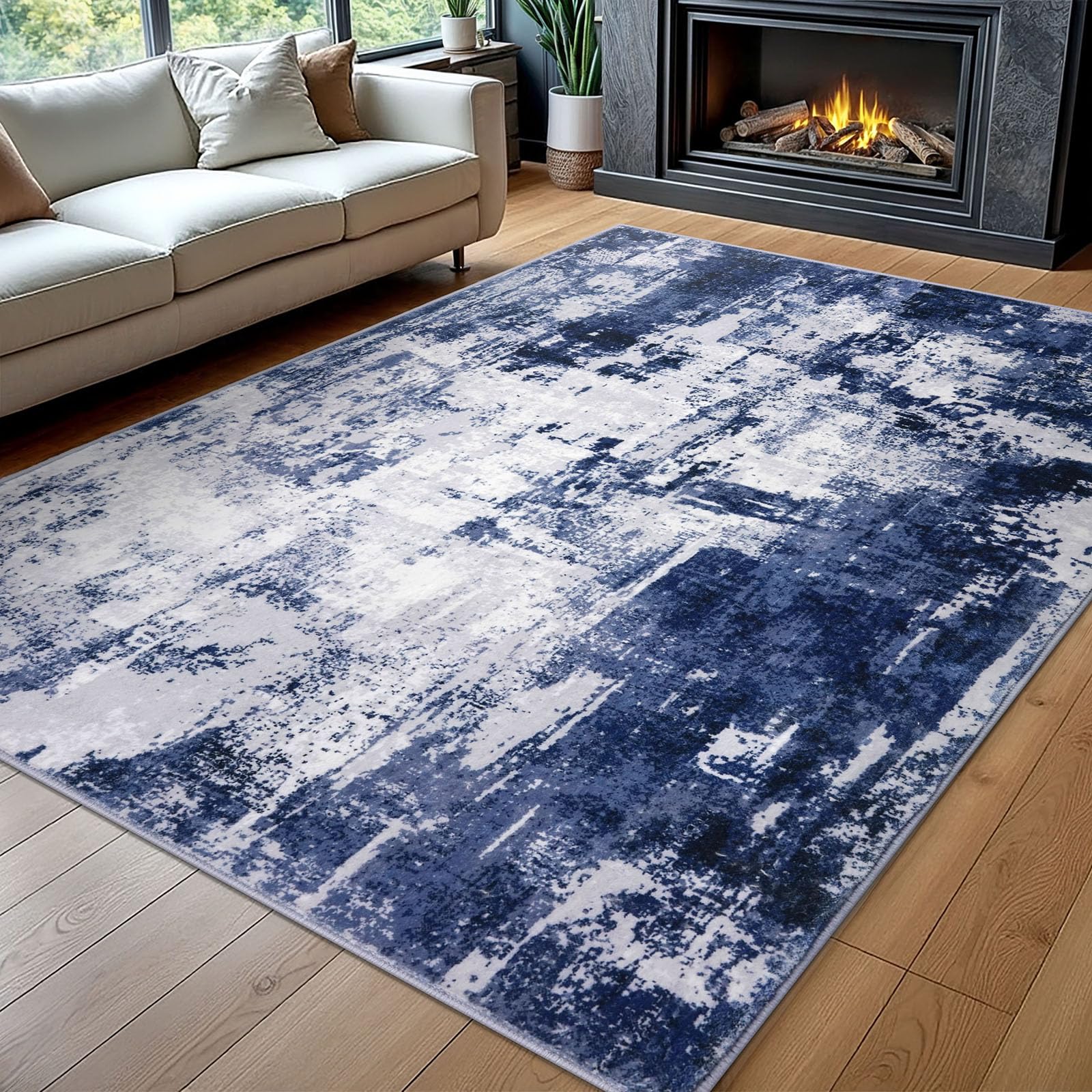 KOZYFLY Modern Abstract Area Rugs 8x10 Navy Blue Machine Washable Thin Rug for Bedroom Non-Slip Living Room Rug, Faux Wool Soft Low Pile Office Carpet for Dining Room, Bedroom, Kitchen Bathroom Image