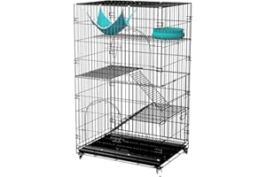 Goyappin 4-Tier Foldable Cat Cage, 46 Inch Metal Pet Cat Kitten Ferret Animal House, Kennel Enclosure with 4 Wheels, 2 Doors, 3 Ladders, 1 Hammock, 1 Pumpkin Nest, 1 Tray for 1-4 Cats