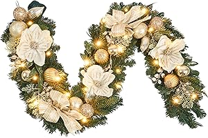 VOFULY 6ft White and Gold Christmas Garland with 25 LED Lights with Timer, prelit champgn Gold Garland with Magnolia and Plenty Ornament,Festive Lighted Decor for Front Door, Mantel, Stair & Fireplace